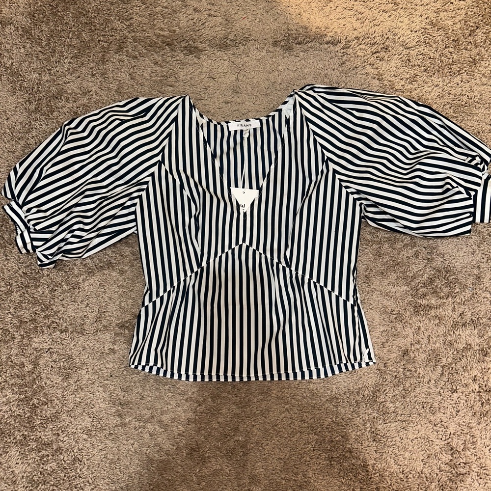 FRAME Navy Blue & White Striped Bubble Sleeve Shirt